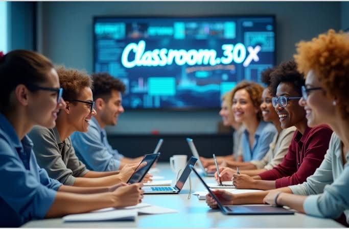 A diverse group of students collaborating in a modern classroom, using tablets and interactive tools to enhance their learning experience.